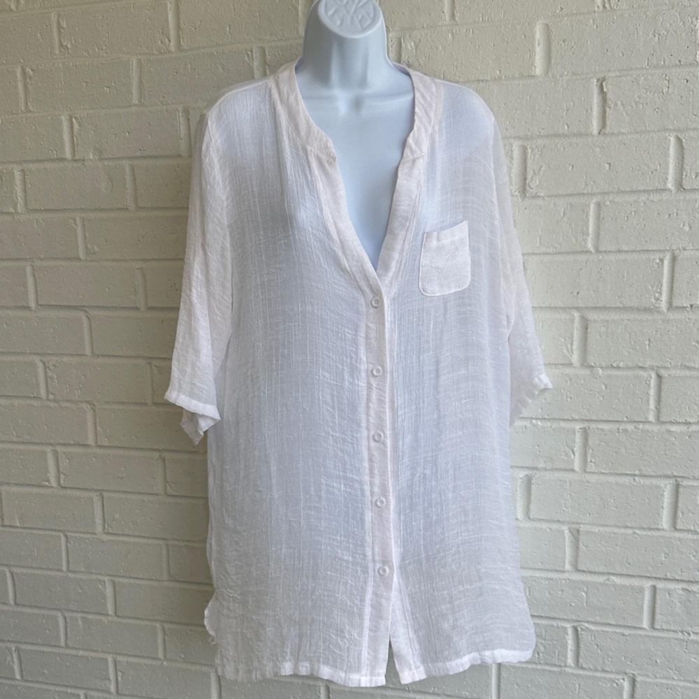 Ekouaer Sheer White Button Up Tunic Top 3/4 Sleeves W/Button Tab to shorten Sz L